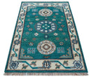 Traditional Khotan Design Teal And Beige Hand knotted 4x6  Wool Area Rug