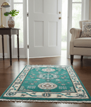 Traditional Khotan Design Teal And Beige Hand knotted 4x6  Wool Area Rug