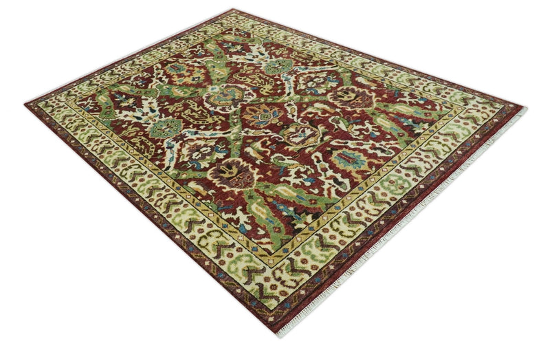 Traditional Large Design Maroon and Green Hand Knotted 8x10 wool area rug