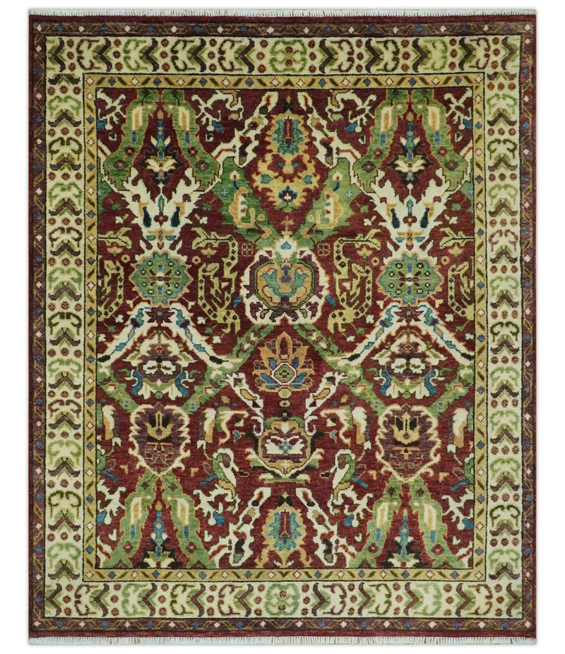 Traditional Large Design Maroon and Green Hand Knotted 8x10 wool area rug