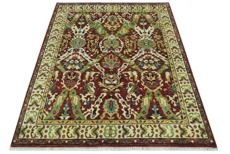 Traditional Large Design Maroon and Green Hand Knotted 8x10 wool area rug