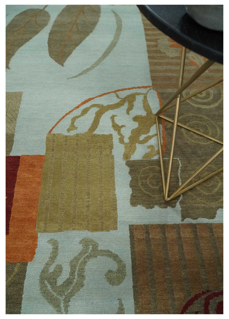 Traditional Leaf Hand woven Olive, Green and Aqua Indoor wool Area Rug