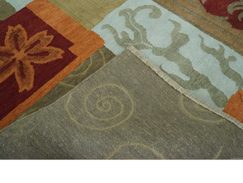 Traditional Leaf Hand woven Olive, Green and Aqua Indoor wool Area Rug