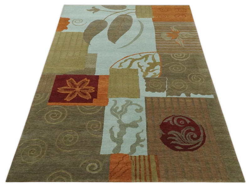 Traditional Leaf Hand woven Olive, Green and Aqua Indoor wool Area Rug