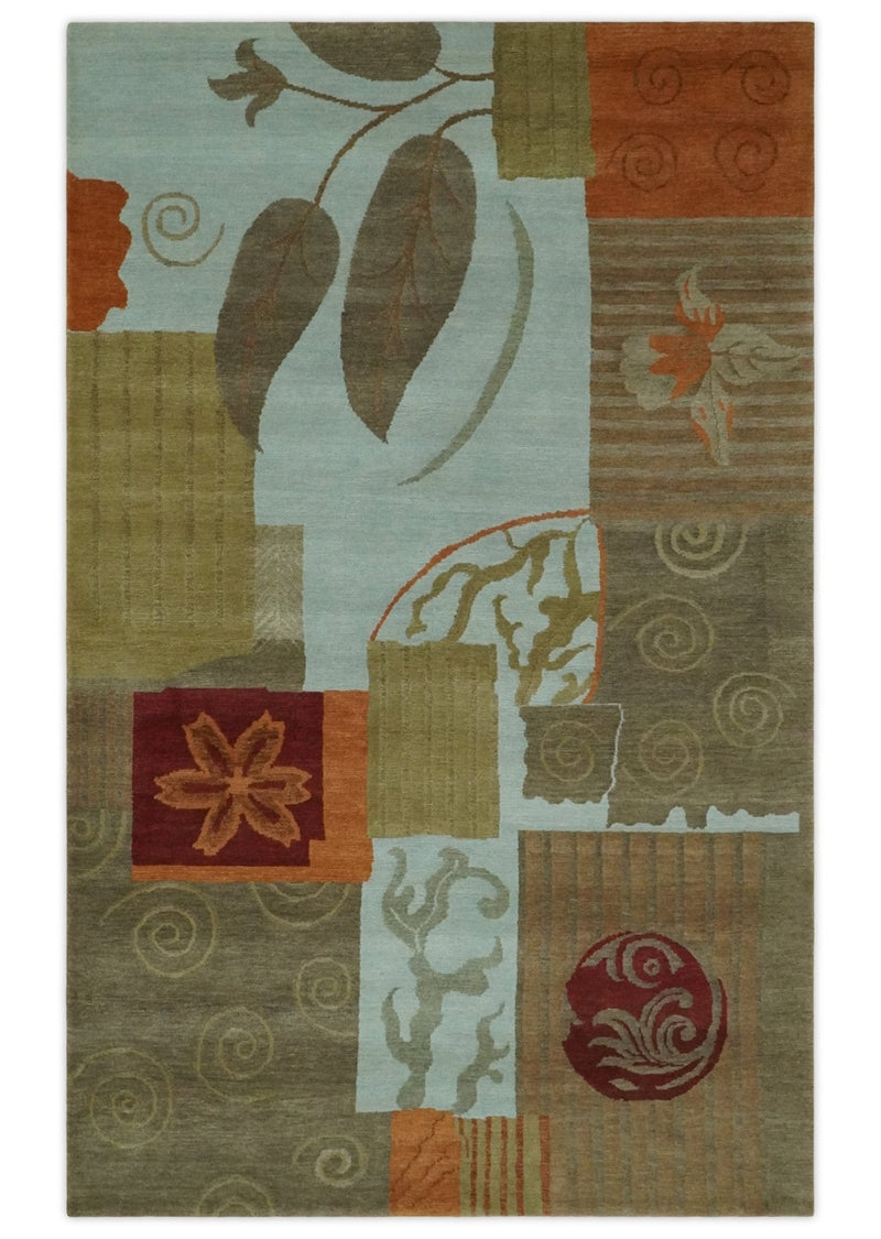 Traditional Leaf Hand woven Olive, Green and Aqua Indoor wool Area Rug