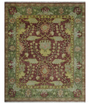 Traditional Maroon, Green and Beige Antique Donegal Design Hand knotted Area Rug