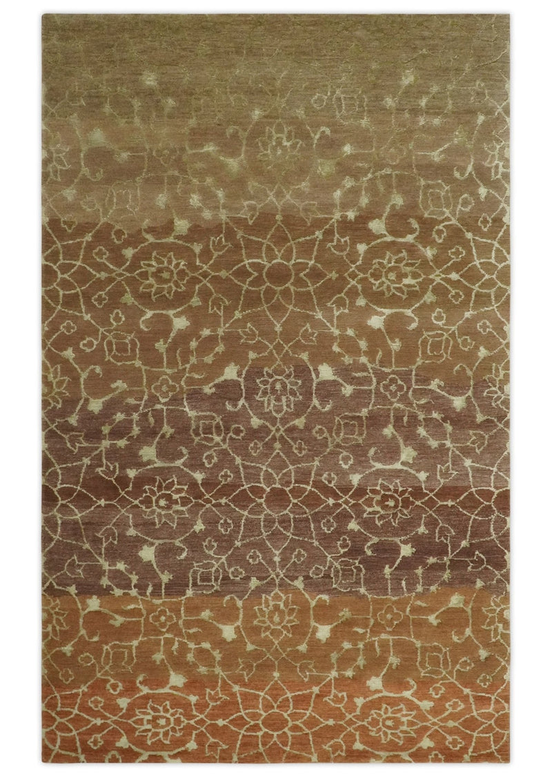 Traditional Olive, Brown, Rust and Beige 5x8 Handloom Wool and Art Silk Area Rug