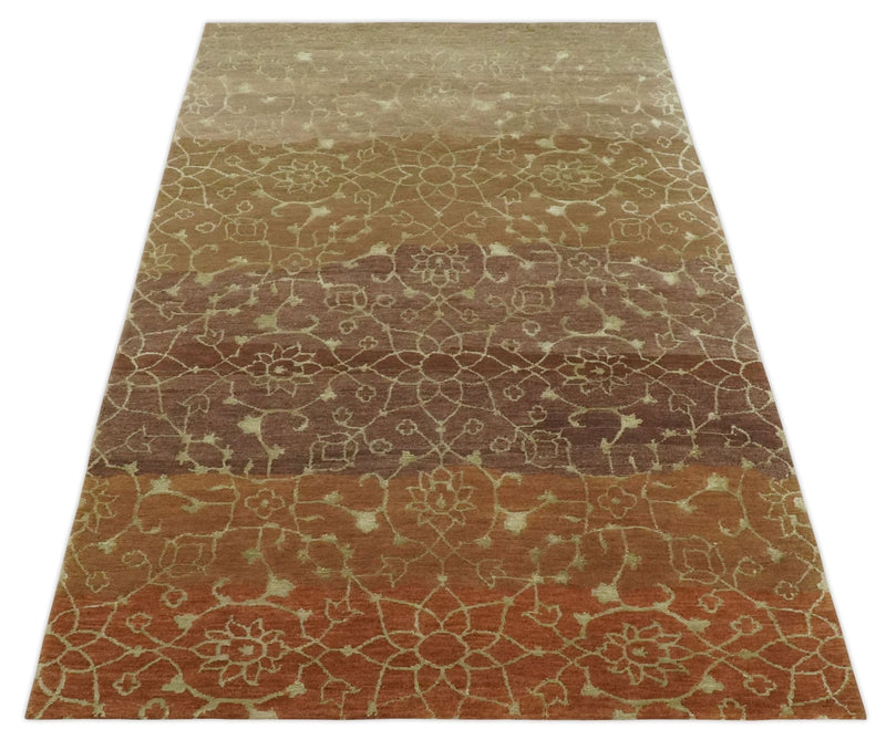 Traditional Olive, Brown, Rust and Beige 5x8 Handloom Wool and Art Silk Area Rug