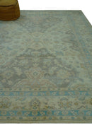 Traditional Oriental Design Blue And Beige Hand Knotted 8.5x11 Wool Area Rug