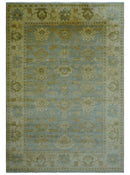 Traditional Oushak Design Beige and Blue Hand Knotted Wool Area Rug