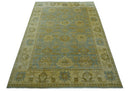 Traditional Oushak Design Beige and Blue Hand Knotted Wool Area Rug