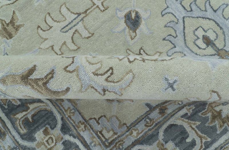 Traditional Oushak Design Beige, Blue And Silver 8x10 Hand Tufted Wool Area Rug