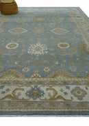Traditional Oushak Design Blue And Beige 10x14 Hand Knotted Wool Rug