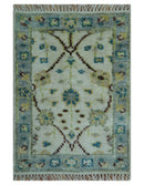 Traditional Oushak Design Blue And Ivory 2x3 Hand knotted Wool Area Rug by The Rug Decor