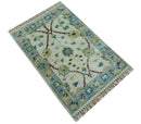 Traditional Oushak Design Blue And Ivory 2x3 Hand knotted Wool Area Rug by The Rug Decor