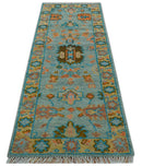 Traditional Oushak Teal And Rust Hand Knotted 2.6x8 Wool Area Rug