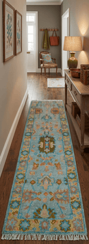 Traditional Oushak Teal And Rust Hand Knotted 2.6x8 Wool Area Rug