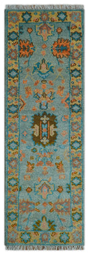Traditional Oushak Teal And Rust Hand Knotted 2.6x8 Wool Area Rug