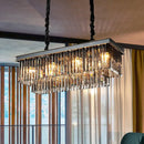 GobekUsa Smoke Gray Crystal Block Rectangle Chandelier Lamp - Traditional, 8/11 Heads, Matte Black Hanging Light for Dining Room