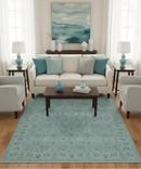 Traditional Turkish Design Blue And Beige 10x14 Hand Knotted Wool Area Rug