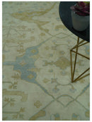 Traditional Turkish Oushak Design Beige And Blue Hand Knotted 12.4x15 Wool Area Rug