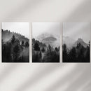 Black White Forest Triptych. Misty Mountains Nature Posters by Wall Art Set