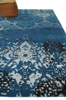 Transitional 7x10 Ivory, Blue and Black Modern Abstract Hand knotted Wool Area Rug by The Rug Decor