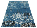 Transitional 7x10 Ivory, Blue and Black Modern Abstract Hand knotted Wool Area Rug by The Rug Decor