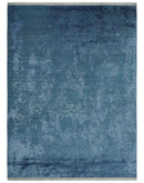 Transitional 8x11 Ivory and Blue Modern Abstract Hand knotted Wool and Art Silk Area Rug by The Rug Decor