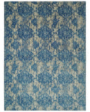 Transitional 9x12 Hand Knotted Blue and Ivory Ikat Pattern Traditional Wool Area Rug