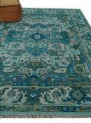 Transitional Aqua and Ivory Hand Knotted Antique 8x10 Traditional Wool Rug