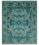 Transitional Aqua and Ivory Hand Knotted Antique 8x10 Traditional Wool Rug