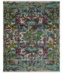 Transitional Hand Knotted Custom Made Green, Aqua, Peach and Purple Wool Rug