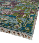 Transitional Hand Knotted Custom Made Green, Aqua, Peach and Purple Wool Rug