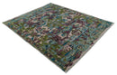 Transitional Hand Knotted Custom Made Green, Aqua, Peach and Purple Wool Rug