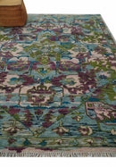 Transitional Hand Knotted Custom Made Green, Aqua, Peach and Purple Wool Rug