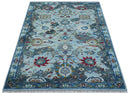 Transitional Oushak Design Red And Blue Hand Knotted Wool Rug by The Rug Decor