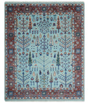Tree of Life 8x10 Hand Knotted Blue and Rust Traditional Persian Vintage Oushak Wool Rug | TRD2747810S