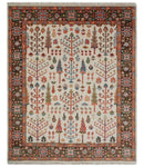 Tree of Life 8x10 Hand Knotted Ivory, Brown and Rust Traditional Oushak Wool Rug