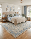 Beige and Blue Hand Knotted Wool Area Rug - Traditional Heriz Design Made to Order