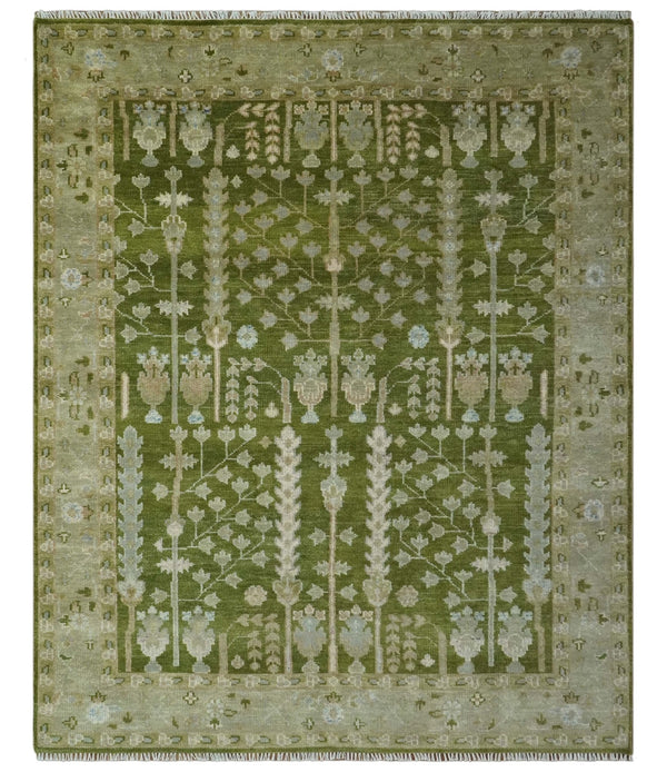 Green and Silver Wool Area Rug - Tree of Life Hand Knotted Traditional Floral