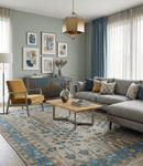Beige and Blue Oushak Traditional Hand Knotted Wool Area Rug