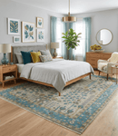 Beige and Blue Oushak Traditional Hand Knotted Wool Area Rug