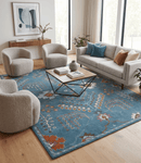 Teal Blue Wool Area Rug Hand Tufted Tree of Life Oushak Traditional