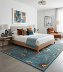 Teal Blue Wool Area Rug Hand Tufted Tree of Life Oushak Traditional