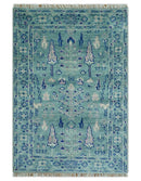 Tree of life Teal And Blue Hand knotted 4x6 Wool Area Rug