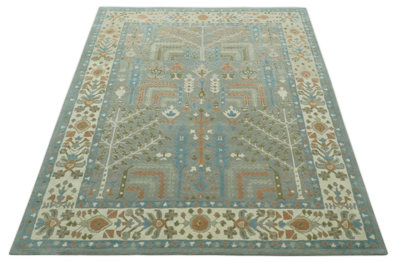 Tree of life Traditional Floral Gray, Beige, Green and Dark Peach Hand Tufted 8x10 wool Area Rug