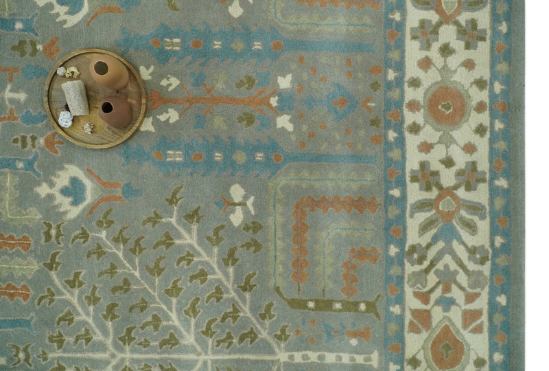 Tree of life Traditional Floral Gray, Beige, Green and Dark Peach Hand Tufted 8x10 wool Area Rug