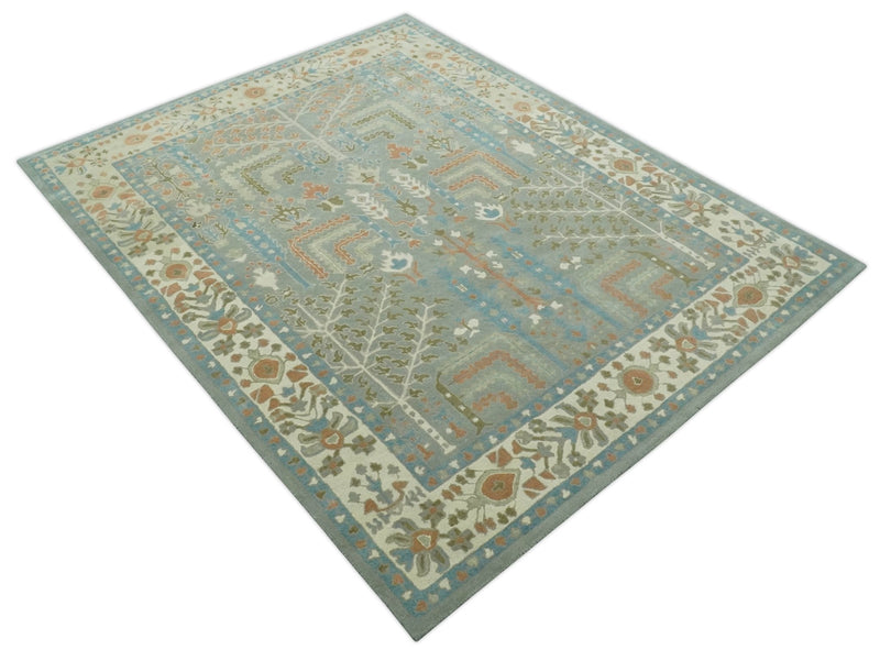 Tree of life Traditional Floral Gray, Beige, Green and Dark Peach Hand Tufted 8x10 wool Area Rug