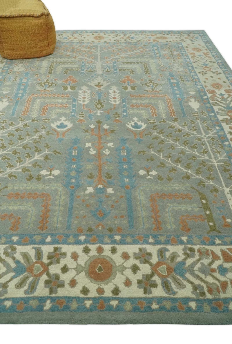 Tree of life Traditional Floral Gray, Beige, Green and Dark Peach Hand Tufted 8x10 wool Area Rug